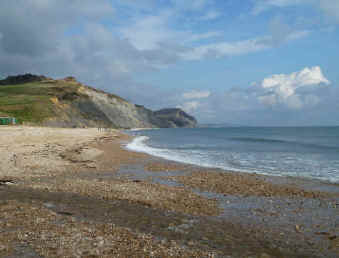 Charmouth beach with Golden Cap in the background